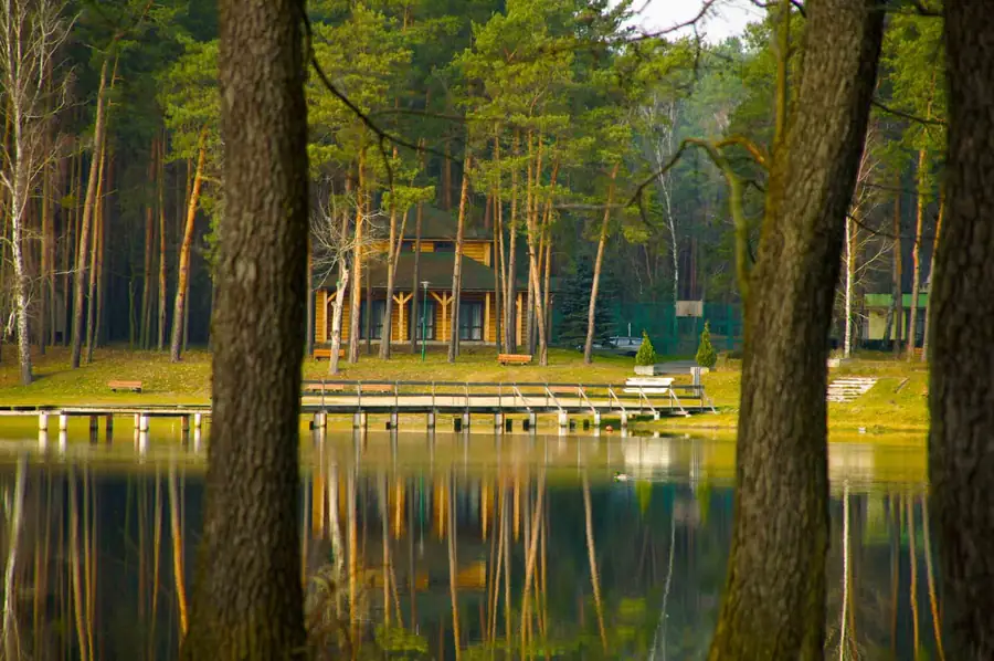 Ośrodek Wypoczynkowy Wojnowo — domek nad jeziorem w sosnowym lesie, pomost